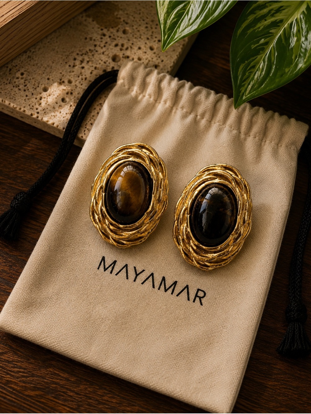 New mayamar genuine Tiger's Eye and gold plated Statement Earrings
